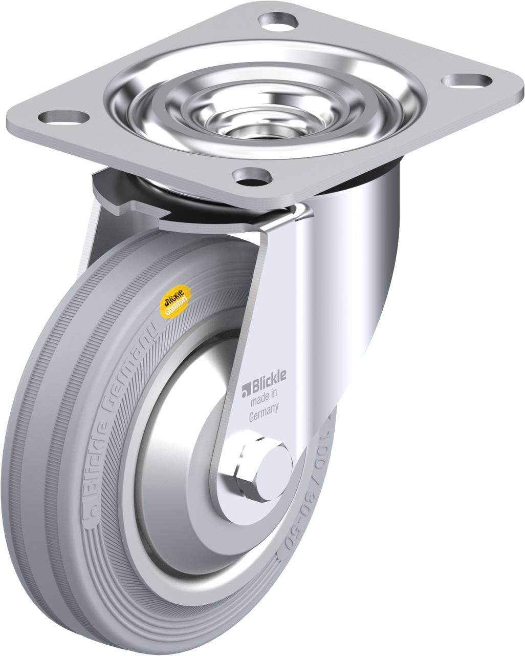 Schwenkrolle mit grauem Rad und Metallgehäuse, geeignet für industrielle Anwendungen. Markenname und 'Germany' auf der Platte sichtbar.