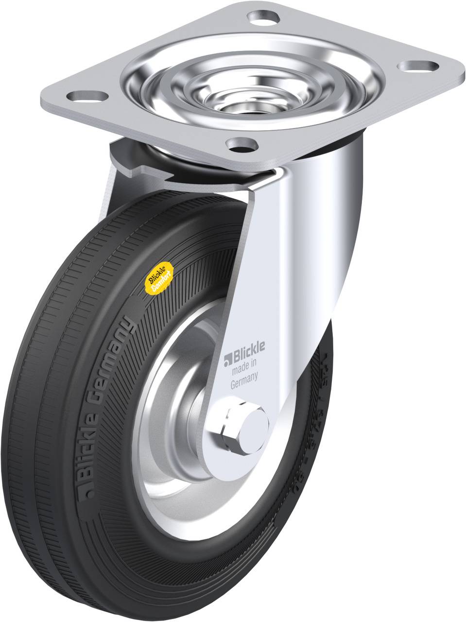 Drehbares Rad mit schwarzer Gummi-Lauffläche und Metallhalterung, oben vier Befestigungslöcher. Geeignet für Transportwagen.