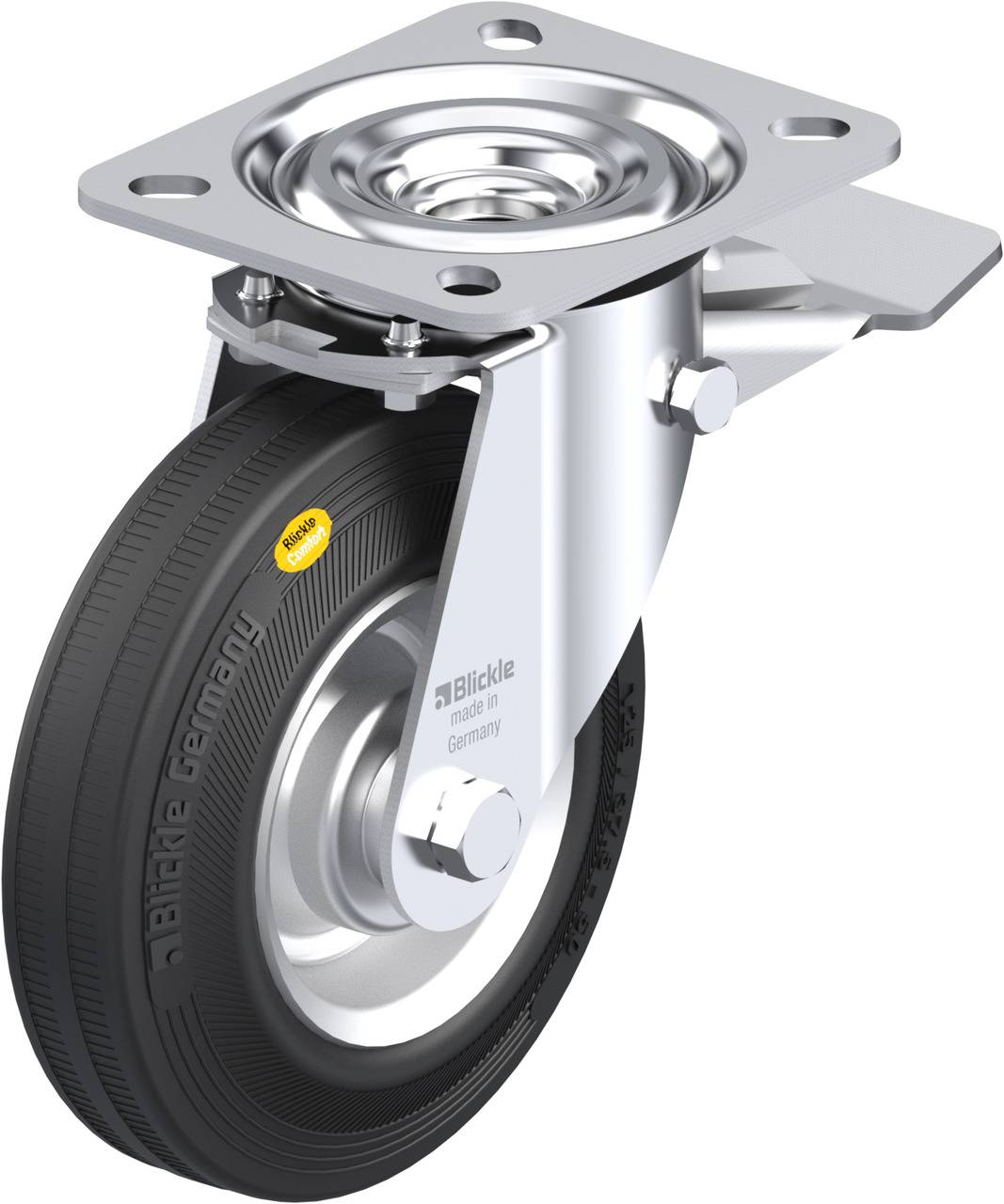 Schwenkrolle aus Metall mit schwarzem Gummireifen und rechteckiger Befestigungsplatte. Geeignet für den Einsatz in verschiedenen Anwendungen.