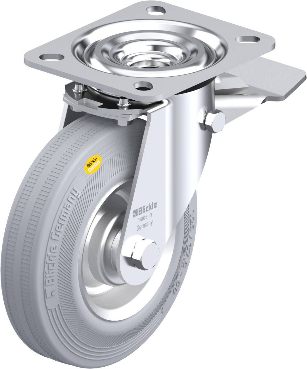 Ein graues Lenkrolle mit Metallgehäuse, Bremse und grauem Gummirad. Markenname 'Blickle' und 'SoftMotion' sind aufgedruckt.