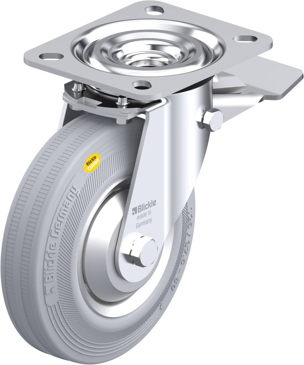 Lenkrolle aus Metall mit grauem Rad und Drehgelenk, geeignet für Schwerlastanwendungen.