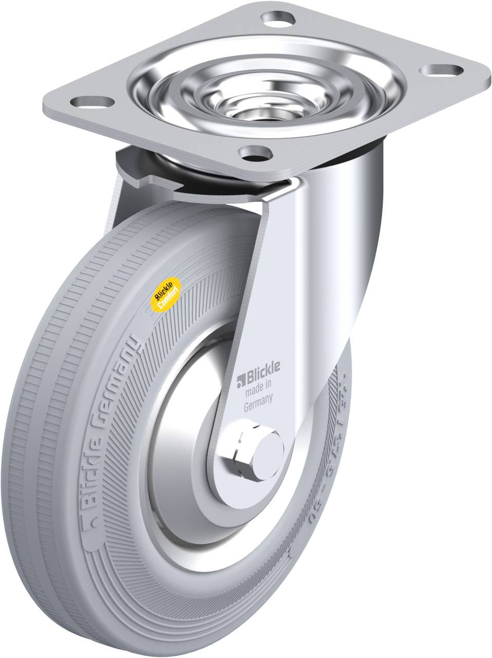 Schwenkrolle mit grauem Vollgummireifen und Metallgehäuse, hergestellt von Blickle. Ideal für Industriemöbel und Transportwagen.