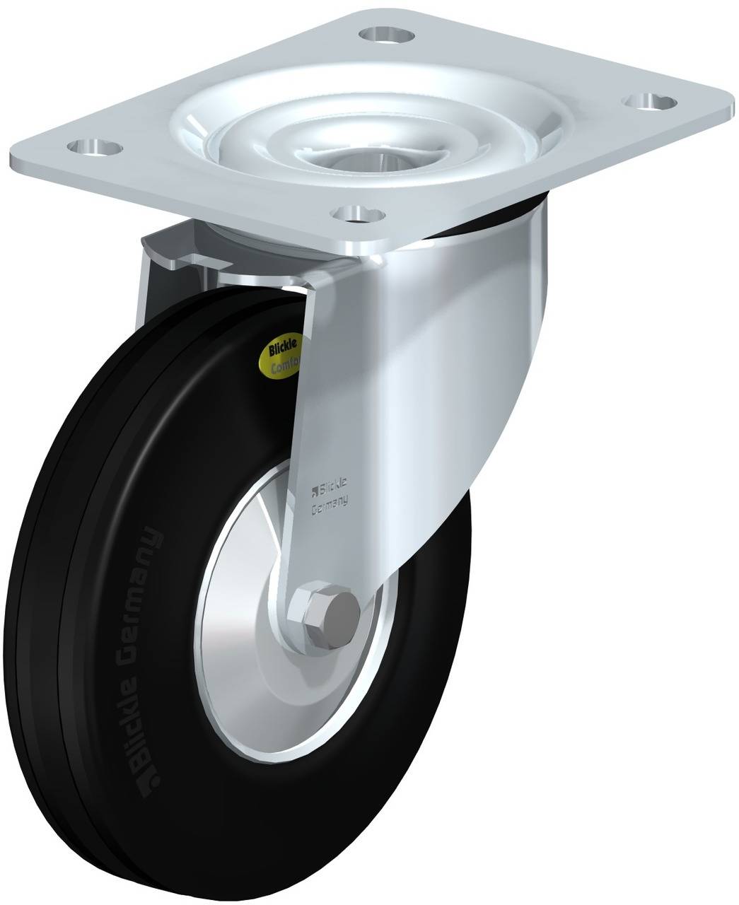 Schwenkrolle aus Metall mit schwarzem Rad, geeignet für Möbel oder Transportgeräte. Robust, mit quadratischer Montageplatte.