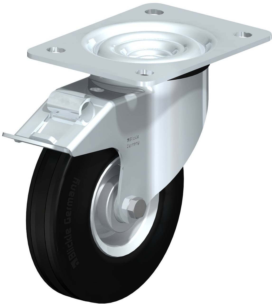 Drehbares Rollenrad mit schwarzem Reifen und silbernem Gehäuse, geeignet für Möbel oder Transportgeräte.