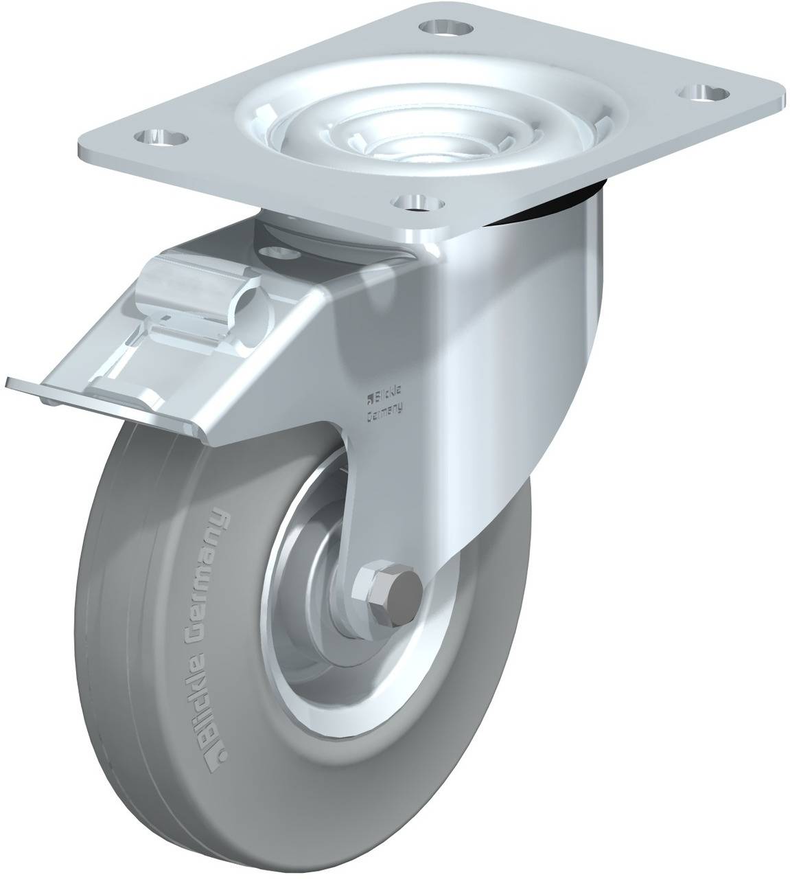 Eine graue Lenkrolle mit Metallplatte, geeignet für Transportwagen oder Möbel. Die Rolle hat eine Bremse und ist robust konstruiert.