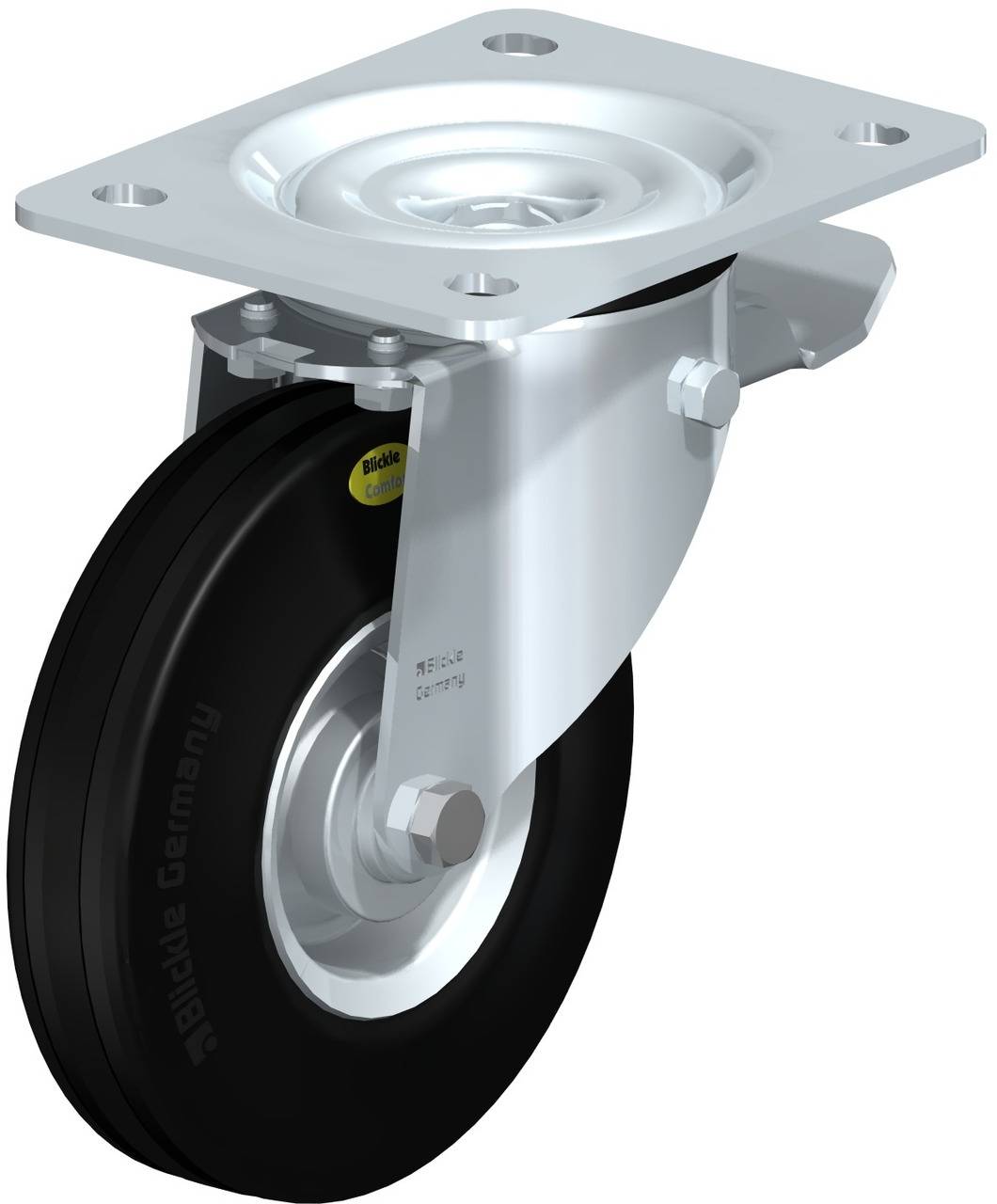 Metallisches Schwenkrollensystem mit schwarzem Rad und silberner Halterung, ideal für bewegliche Plattformen oder Wagen.