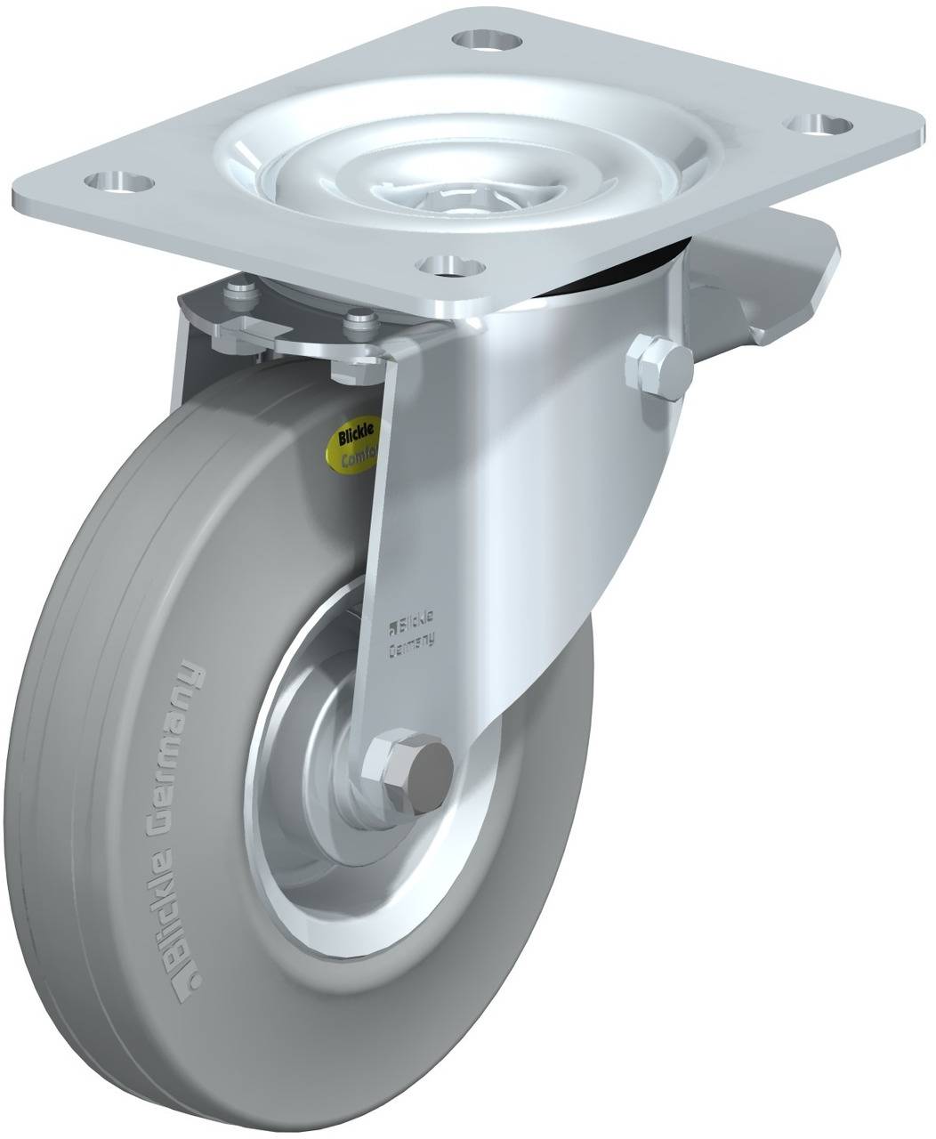 Schwenkrolle mit grauem Gummireifen und Metallhalterung, geeignet für industrielle Anwendungen. Oben rechteckige Montageplatte.