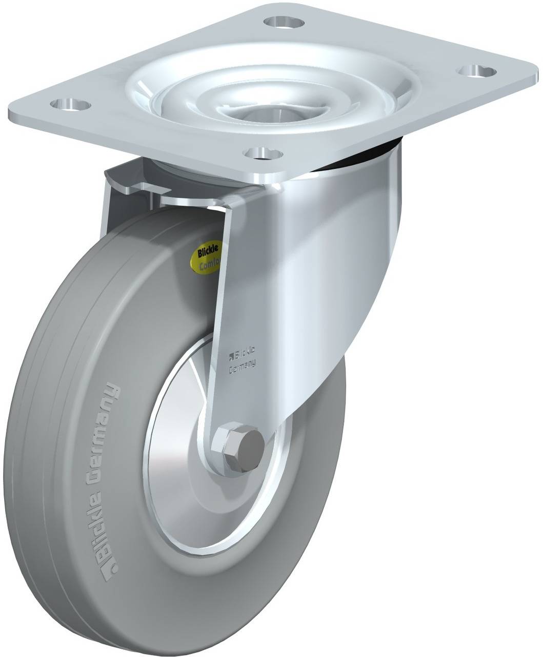 Industrie-Rollenrad in Metallhalterung, ideal für Schwerlastanwendungen. Tritt in drehenbarer Halterung mit rechteckiger Metallplatte.