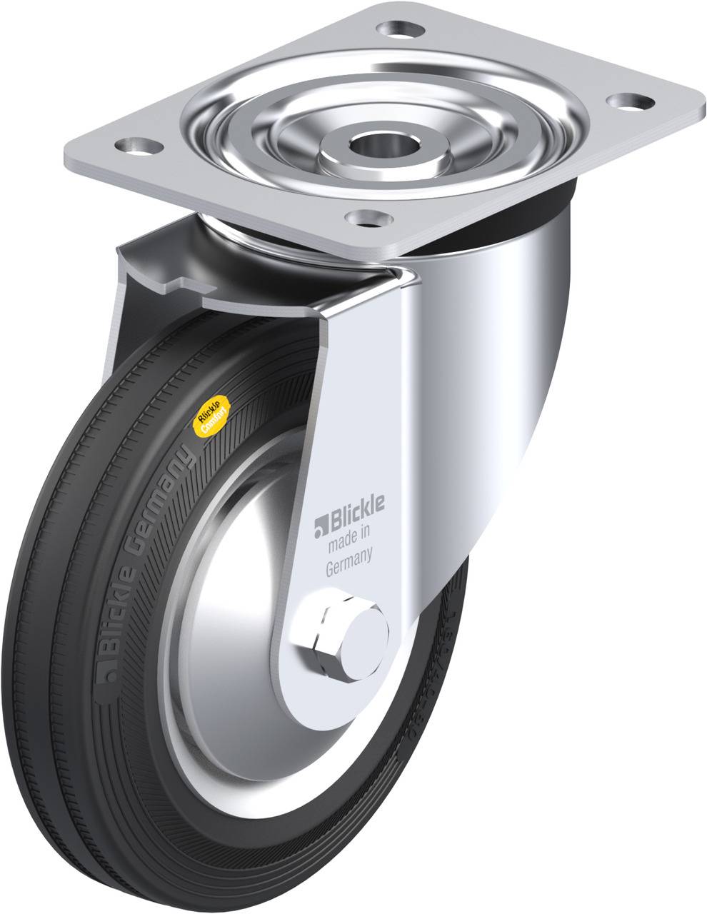 Schwenkrolle aus Metall mit schwarzem Reifen, hergestellt in Deutschland, ideal für Transportwagen oder Industriemaschinen.