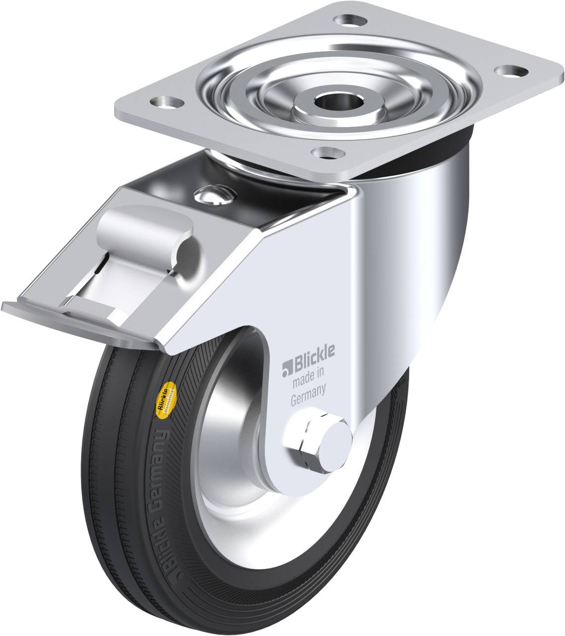 Eine lenkbare Transportrolle aus Metall und Gummi, mit einer Befestigungsplatte und Kugellager für reibungslose Bewegung.