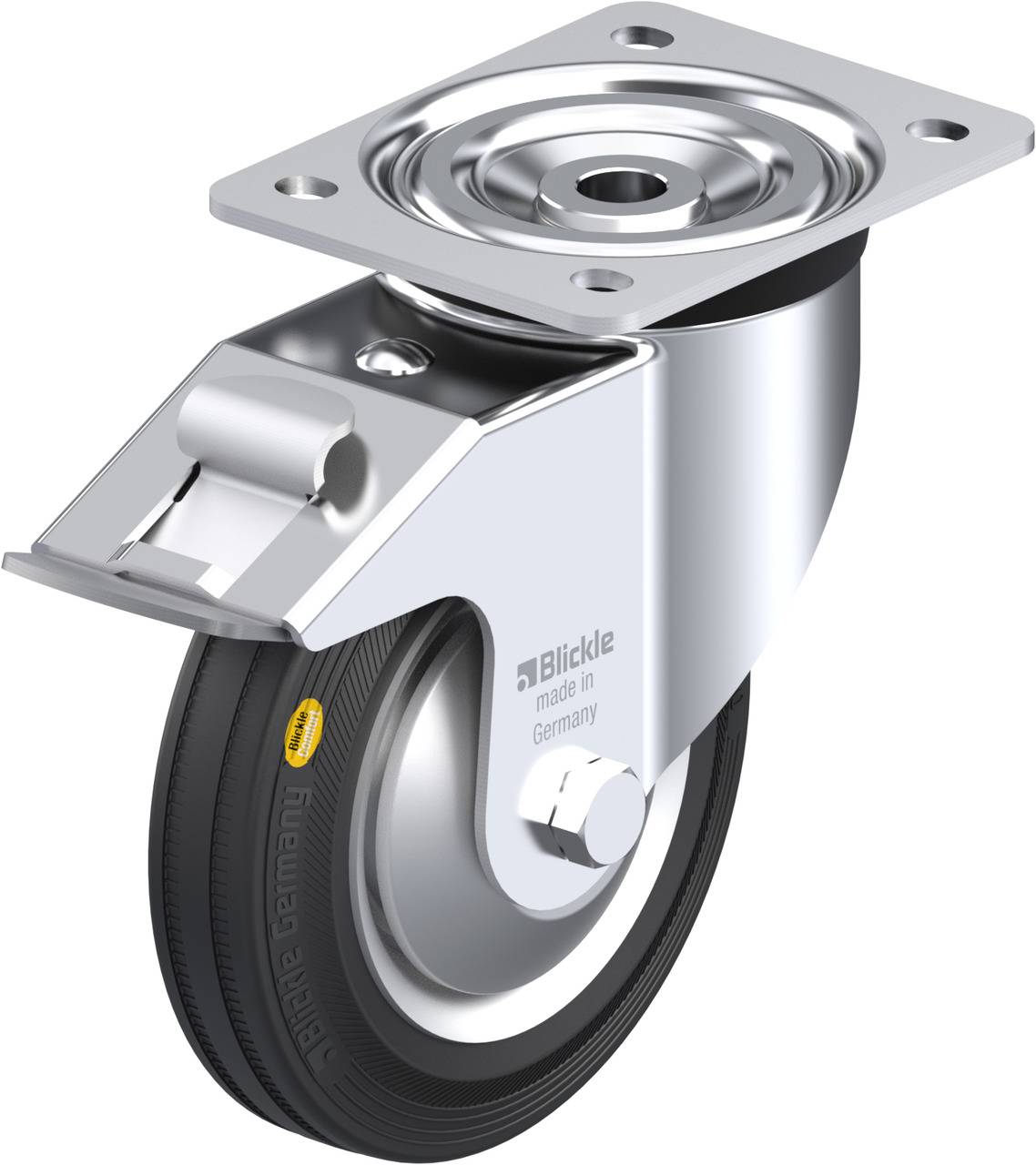 Metallisches Lenkrolle mit schwarzem Rad, montierbarer Platte und Aufschrift 'Blickle made in Germany'.
