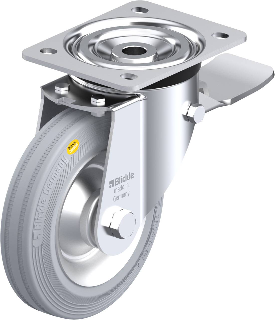 Eine einzelne graue Radrolle mit Metallhalterung, seitlich dargestellt. Die Rolle trägt die Aufschrift 'Blickle made in Germany'.