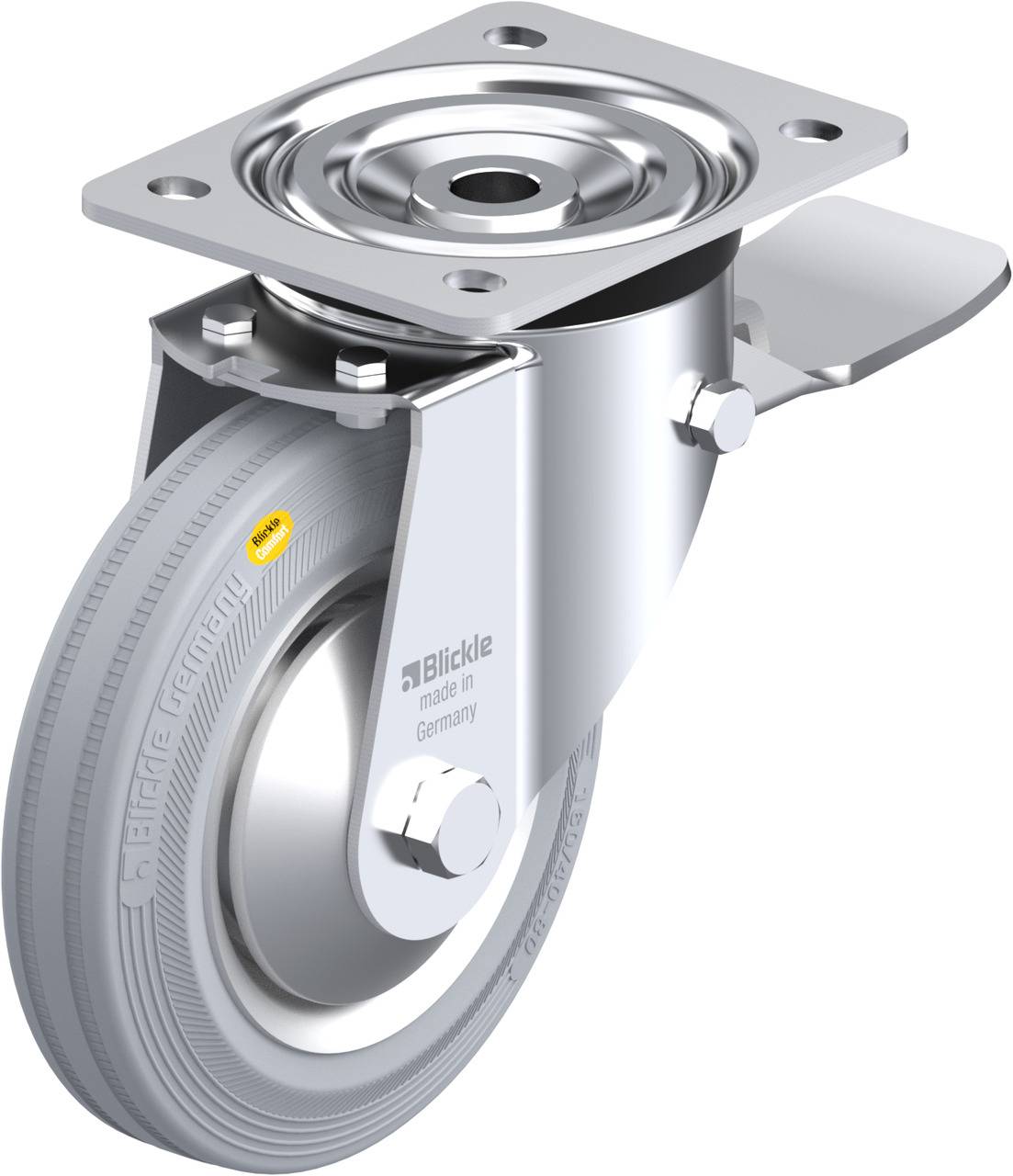 Grau-graues Lenkrollenrad mit Metallgabel und Befestigungsplatte, produziert von Blickle Germany.