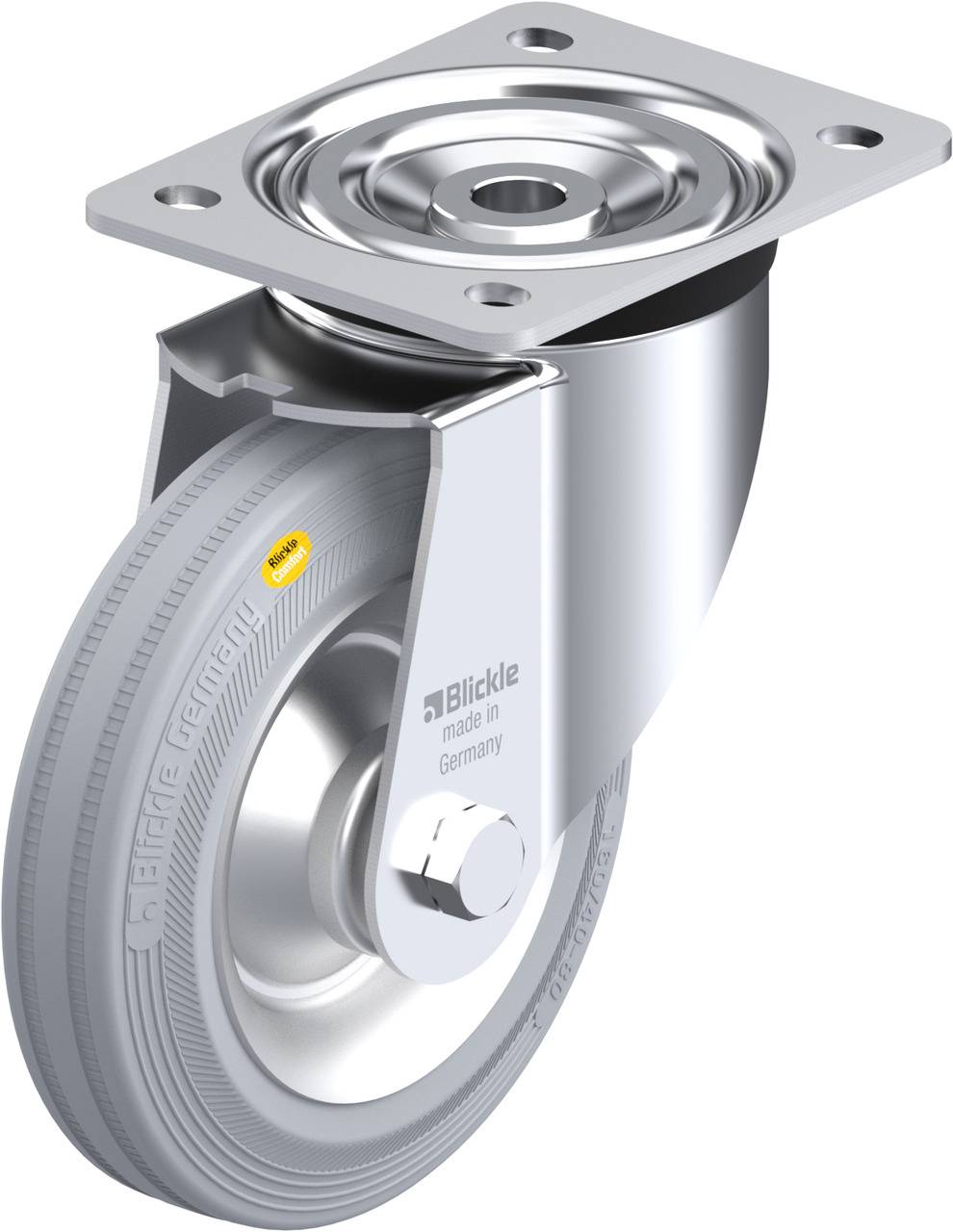 Silbernes Laufwerksrad mit runder Befestigungsplatte, glattem Metallgehäuse und grauem Rad mit Profil. Markiert 'Blickle Made in Germany'.
