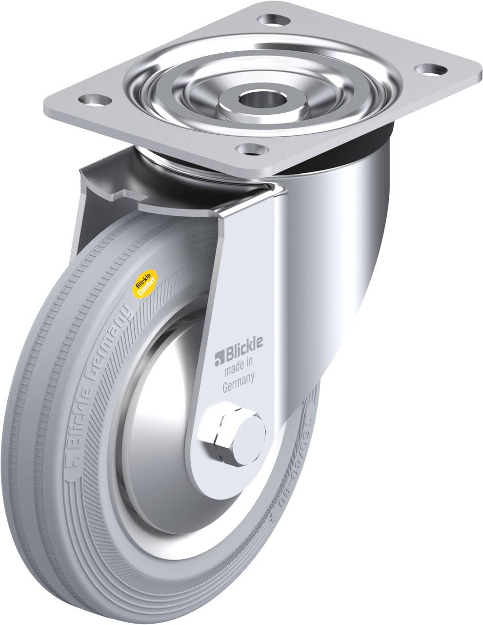 Metallisches Lenkrollenrad mit Befestigungsplatte und Kugellager, graviert mit 'Blickle' und 'made in Germany'.