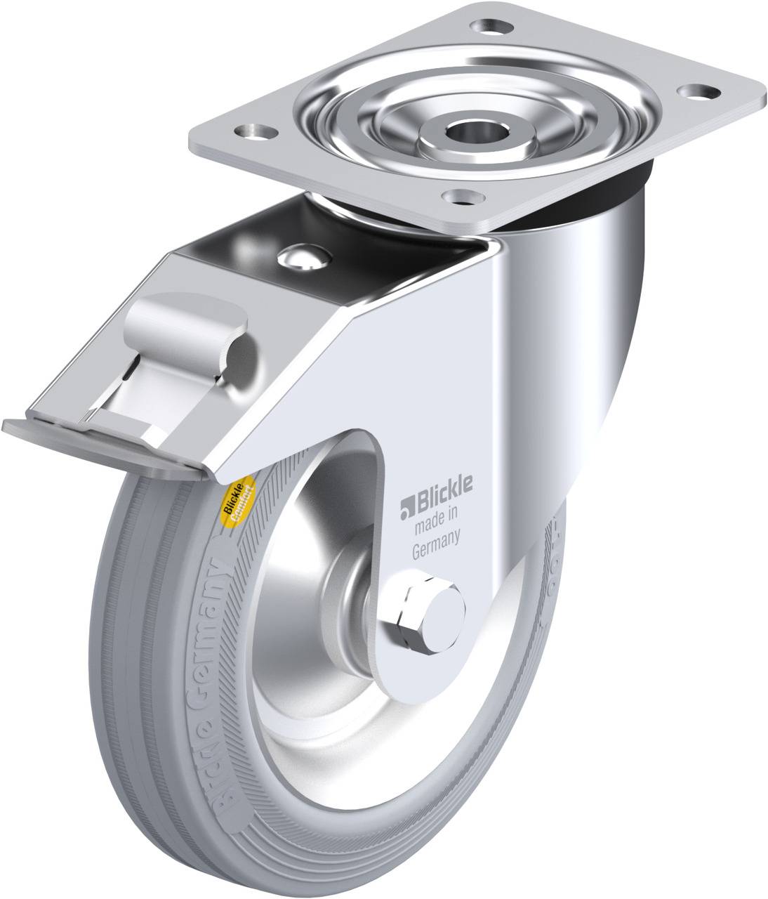 Schwenkrolle aus Metall mit grauem Gummirad und Montageplatte. Rolle ist glatt und glänzend, stabiler Aufbau für Industriezwecke.