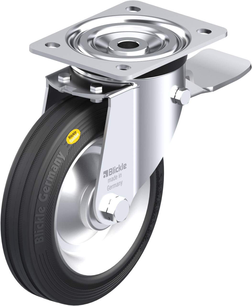 Industrie-Lenkrolle aus Metall mit Aufschrift 'Blickle Germany', zeigt robuste Bauweise mit schwarzem Rad und silbernem Gehäuse.