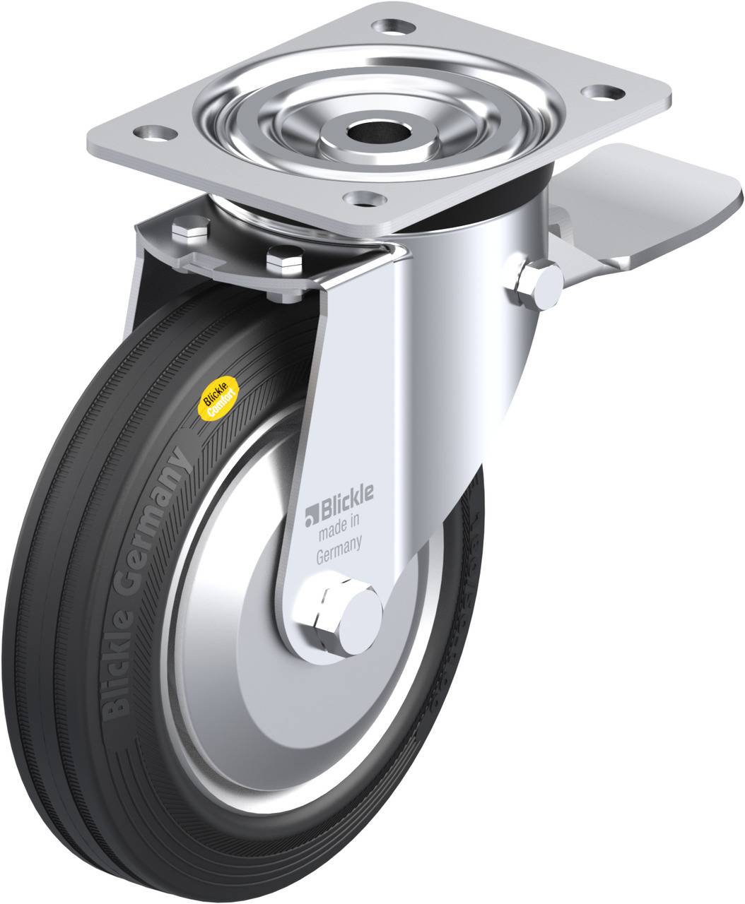 Schwenkrolle aus Metall mit schwarzem Gummirad, rechteckiger Montageplatte und Bremse. Aufschrift 'Blickle made in Germany'.
