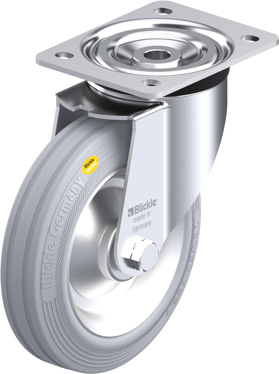 Industrie-Rollenrad aus Metall und Gummi gezeigt. Beschriftet mit 'Blickle made in Germany'. Drehbar montiert mit rechteckiger Platte.