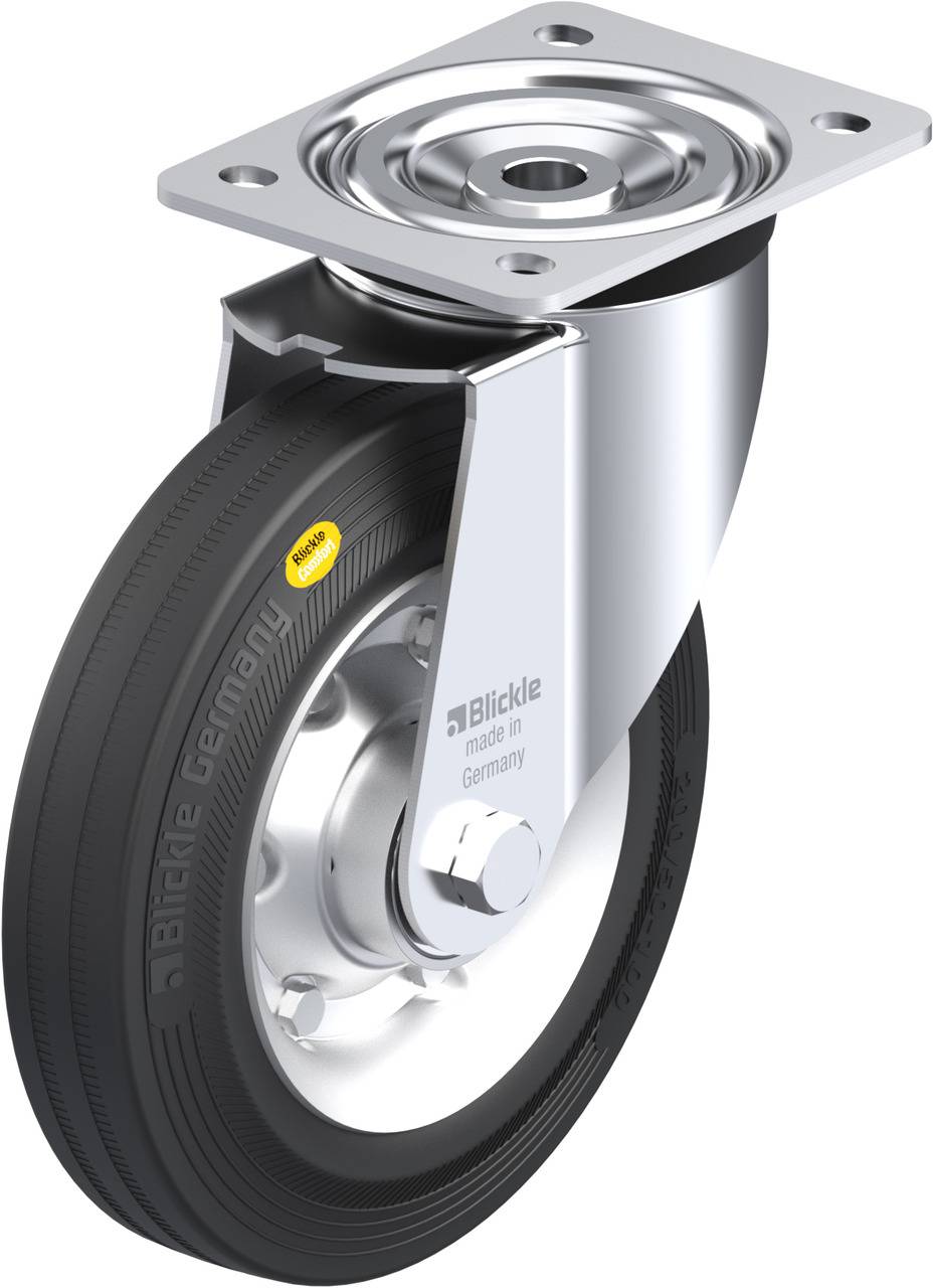 Schwenkrolle mit schwarzem Gummireifen, glänzendem Metallgehäuse und einem Befestigungsblech oben, geeignet für industrielle Anwendungen.