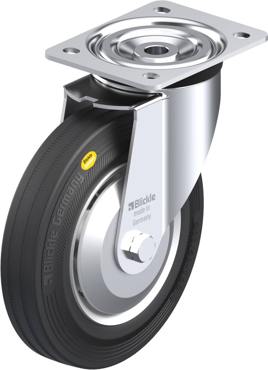 Ein drehbares Rollrad mit schwarzem Reifen und silbernem Gehäuse. Auf dem Reifen steht 'Blickle Germany'. Geeignet für Möbel oder Geräte.