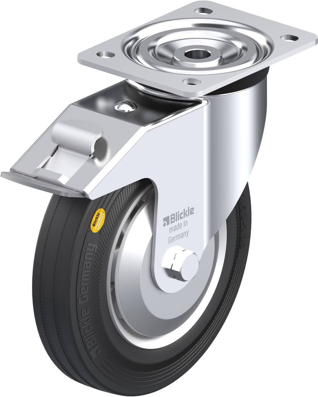 Industrie-Lenkrolle mit Metallgehäuse und schwarzem Rad. 'Made in Germany' aufgedruckt auf dem Rad.