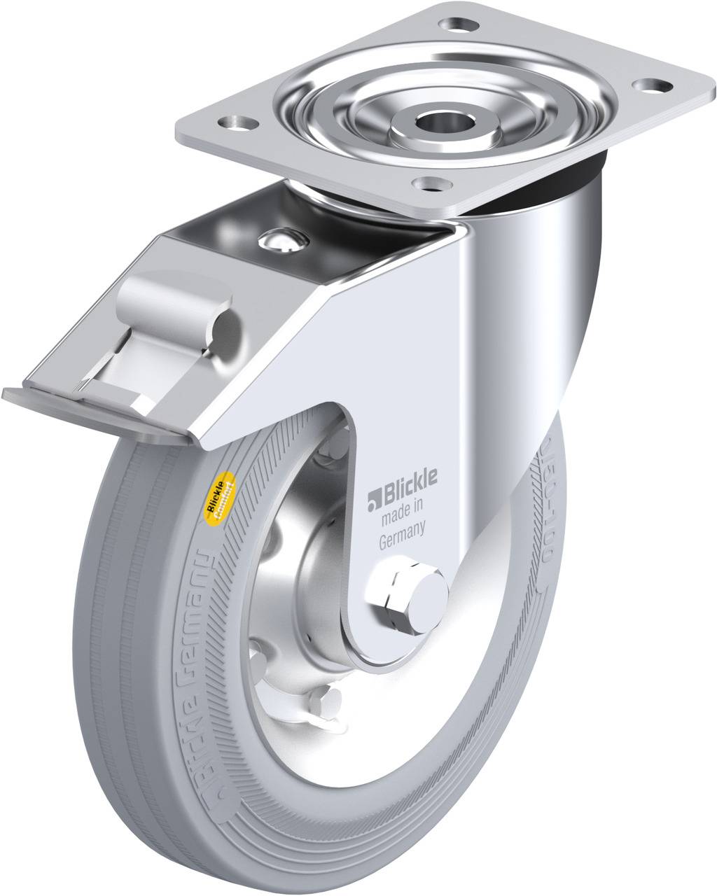 Eine drehbare Lenkrolle mit Metallhalterung und grauem Rad. Hergestellt von Blickle in Deutschland.