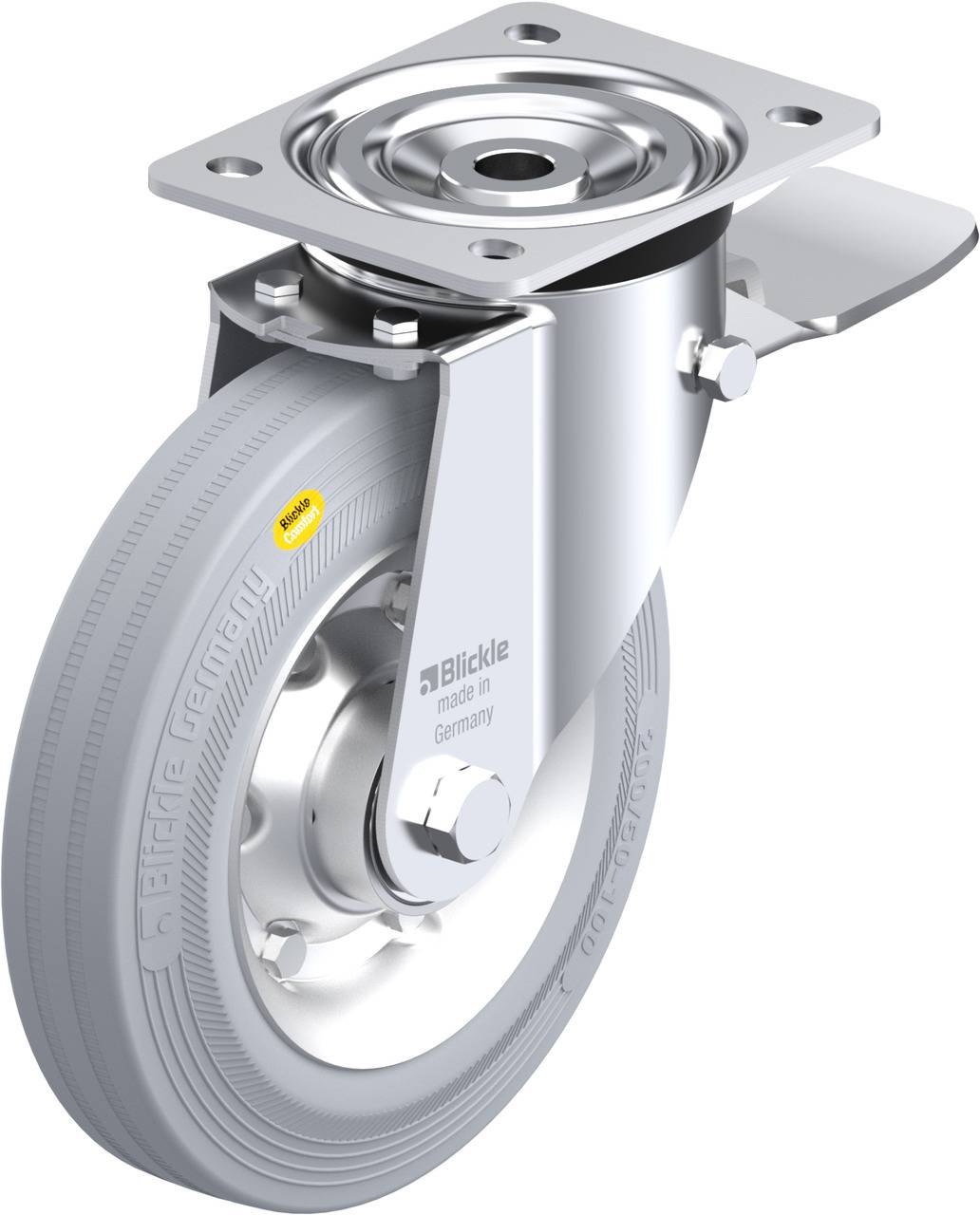 Schwenkrolle mit grauem Rad und Metallhalterung, Marke auf dem Rad eingeprägt.