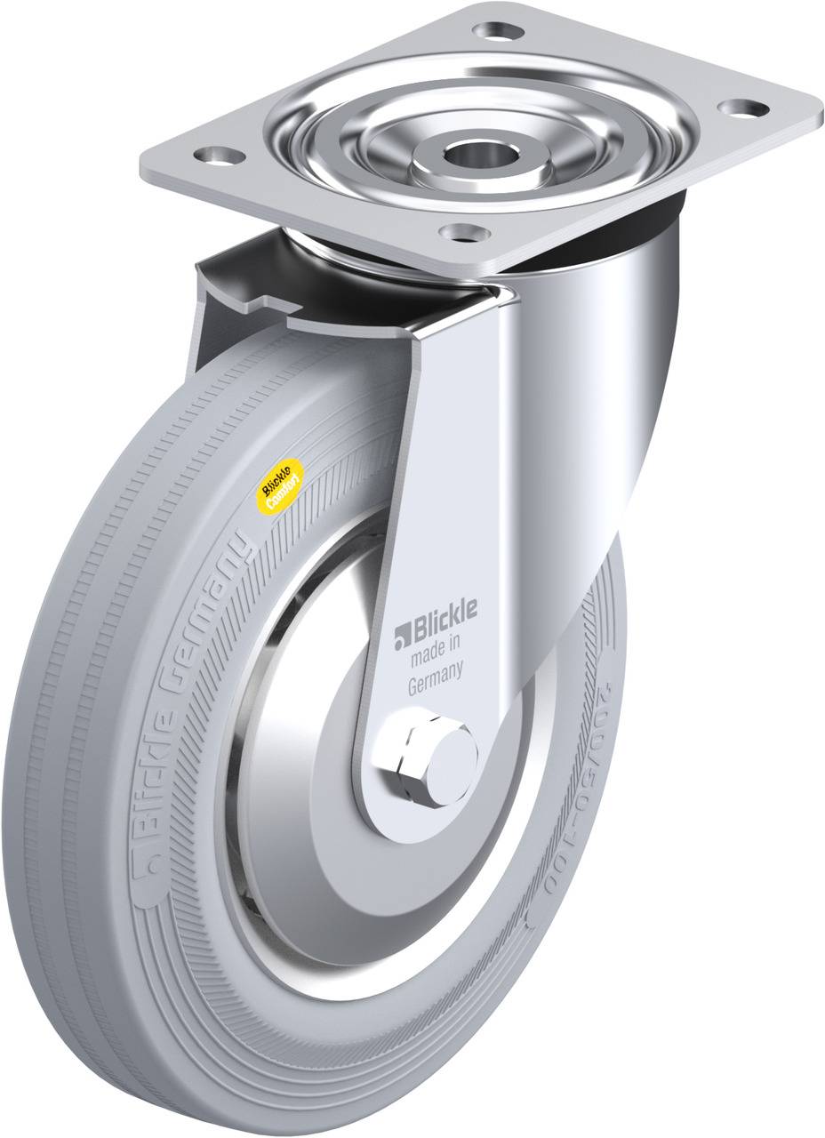 Schwenkrolle aus Metall mit grauem Gummirad, rechteckiger Befestigungsplatte und einem Aufdruck 'Blickle - made in Germany'.