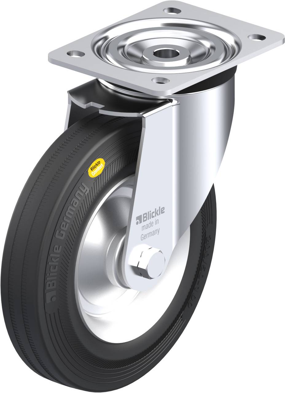 Schwenkrolle mit grauem Rad und silbernem Gehäuse, beschriftet mit 'Blickle made in Germany'. Ideal für Möbel oder Wagen.