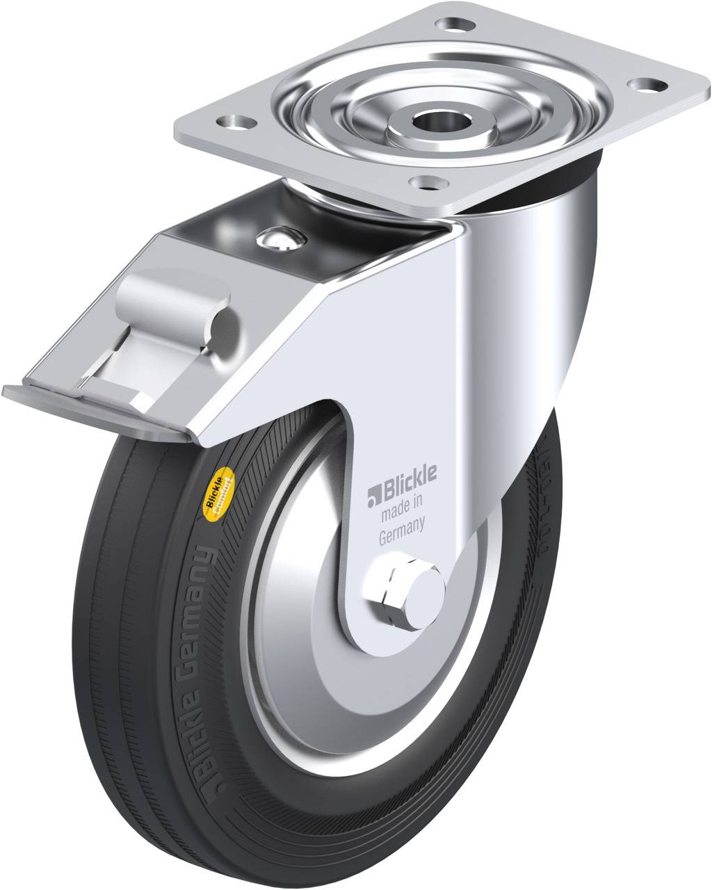 Metallrolle mit schwarzem Gummi, silbernem Gehäuse und markierter Aufschrift 'Blickle Germany'.