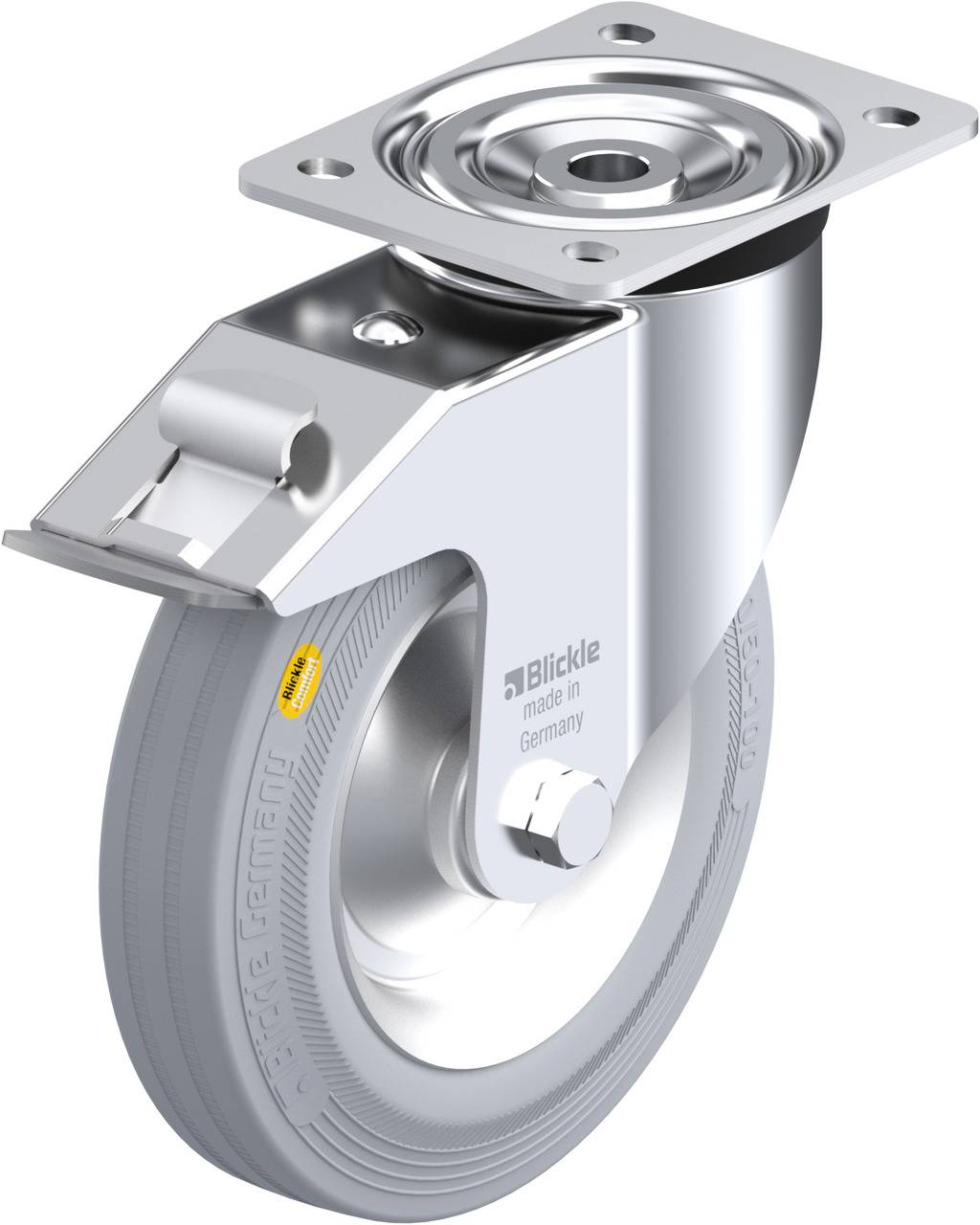 Schwenkrolle aus Metall mit grauem Gummirad, hergestellt in Deutschland. Geeignet für industrielle Anwendungen, zeigt robustes Design.