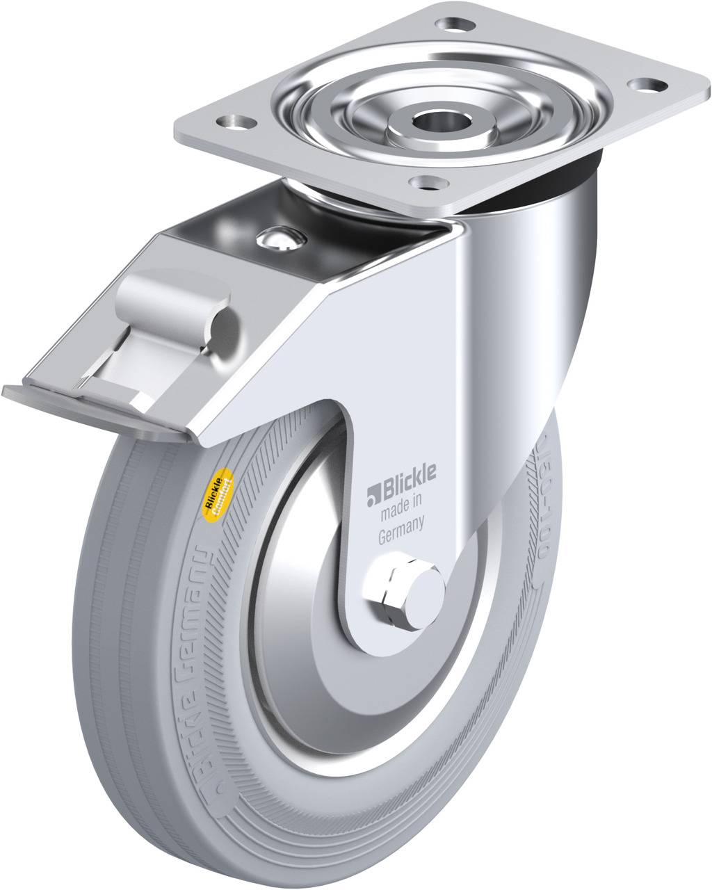 Industrielle Lenkrolle aus Metall mit grauem Gummirad und rechteckiger Platte oben. Aufschrift 'Blickle made in Germany'.