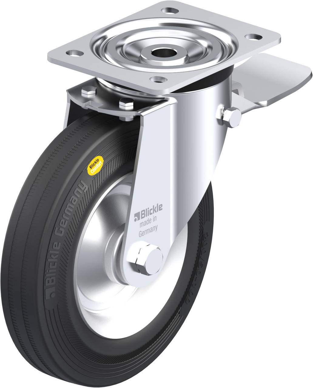 Metallisches Lenkrollenrad mit schwarzem Gummireifen und Bremse. Montiert auf einer quadratischen Platte, in Deutschland hergestellt.