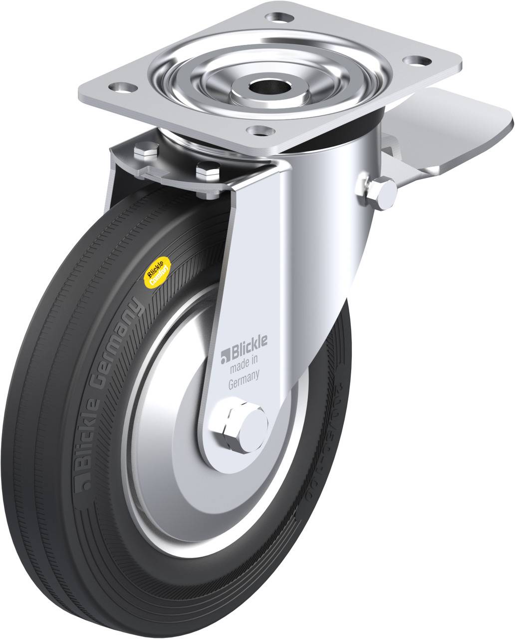 Schwenkrolle mit schwarzem Rad und Halterung aus Metall, geeignet für Möbel oder Transportgeräte. Aufschrift 'Blickle, made in Germany'.