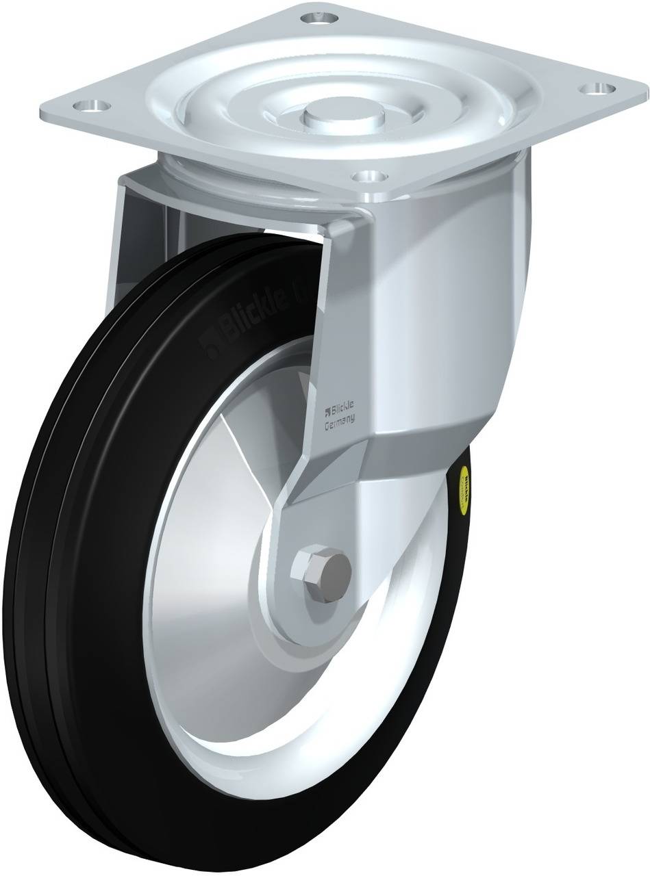 Ein schwarzes, drehbares Rad mit Metallhalterung, geeignet für den Einsatz in Möbeln oder Transportwagen, bietet Mobilität und Stabilität.