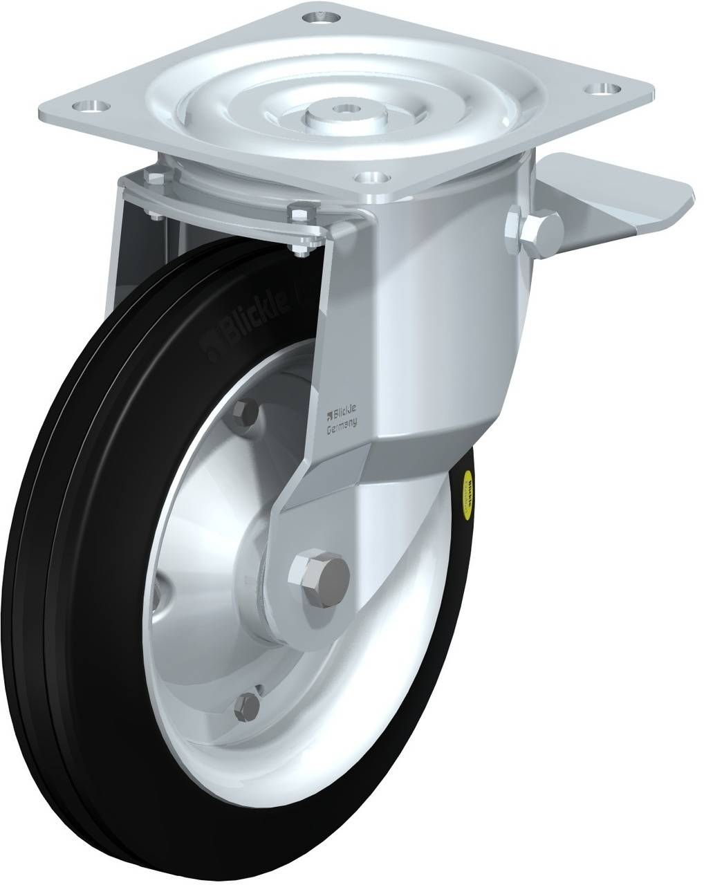 Industrie-Lenkrolle mit Metallgehäuse und schwarzem Reifen, geeignet für schwere Lasten.