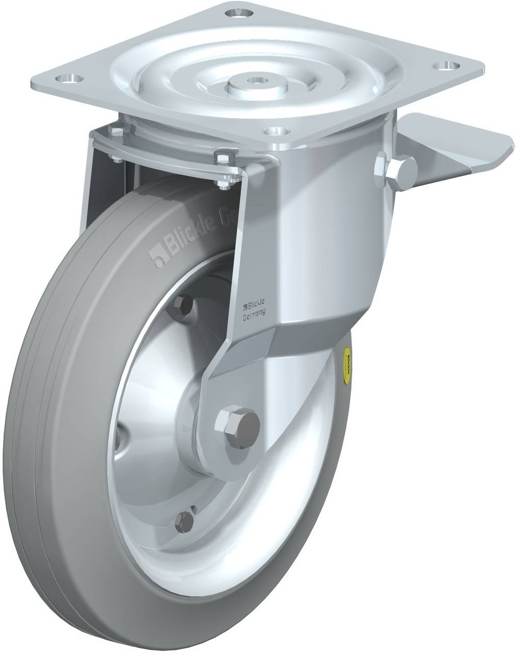 Industrie-Schwenkrolle aus Metall und Gummi, mit drehbarer Halterung und Bremse, geeignet für Schwerlastwagen.