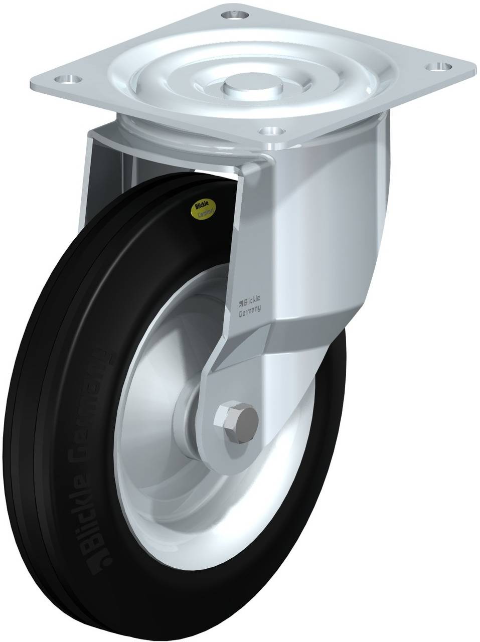 Drehbare Lenkrolle mit schwarzem Gummireifen und silbernem Metallgehäuse. Geeignet für den Einsatz an Möbeln oder Transportwagen.
