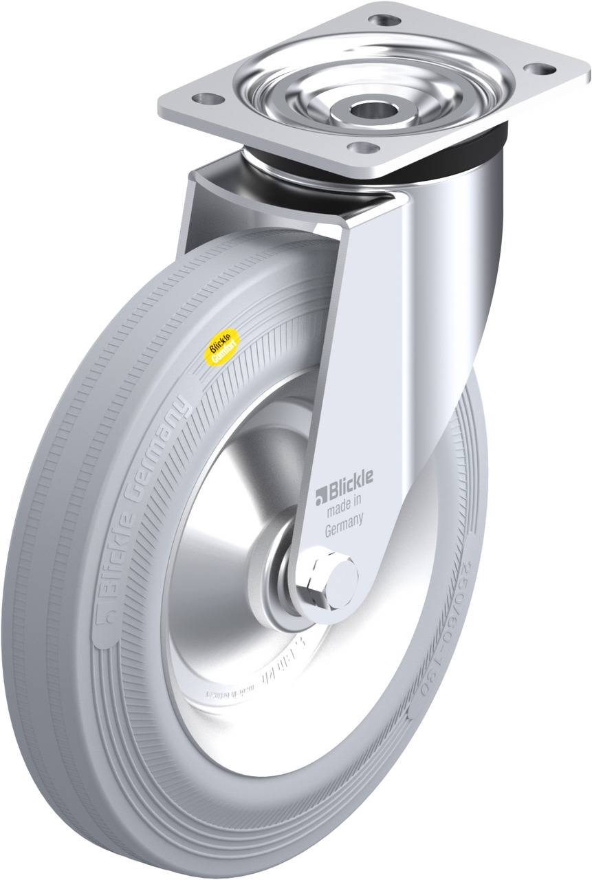 Schwenkrolle aus Metall mit grauem Reifen, geeignet für Transportgeräte. Modellname auf der Seite des Reifens sichtbar.