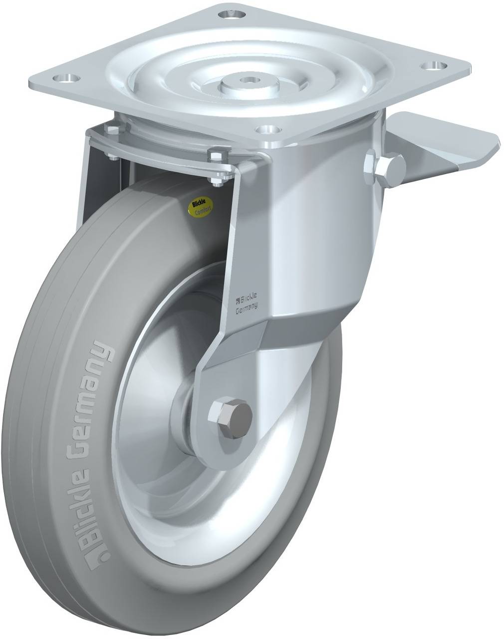 Industrielles Lenkrad aus Metall mit grauer Gummibereifung, Befestigungsplatte oben. Markierung 'Blickle Germany'.