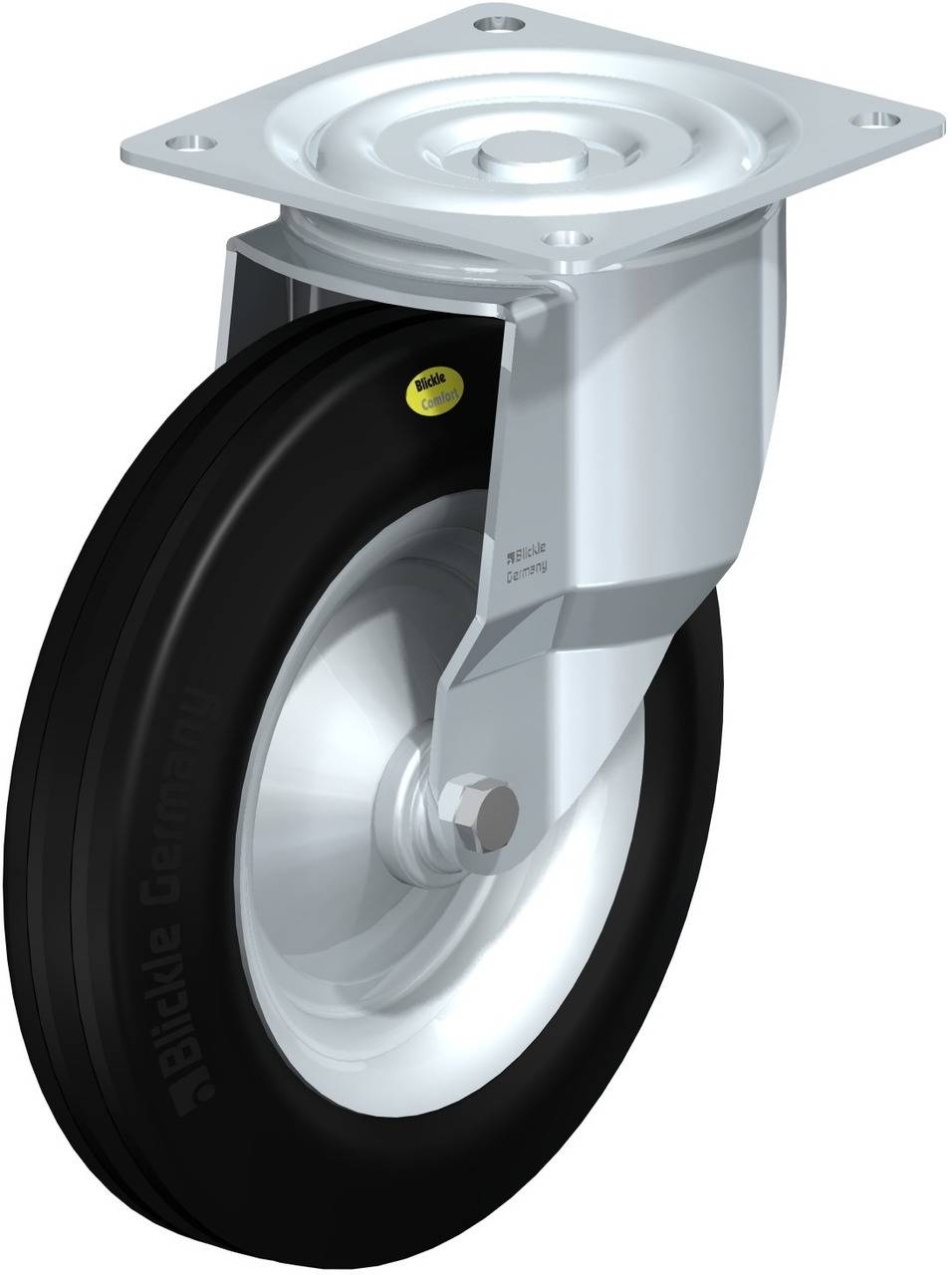 Industrie-Lenkrolle mit schwarzem Rad und silbernem Gehäuse, geeignet für Transportgeräte.