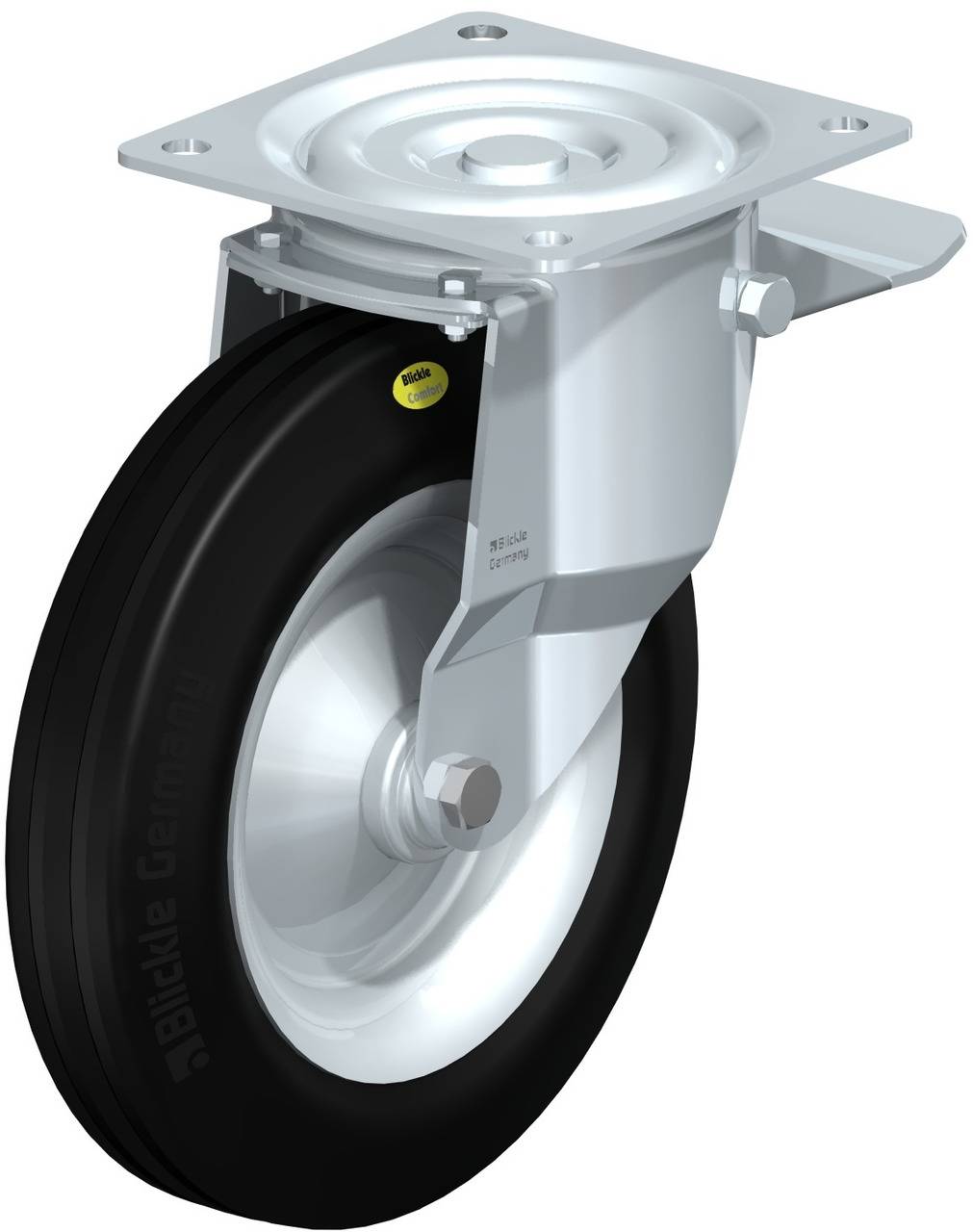 Industrie-Lenkrolle mit Metallplatte, schwarzem Gummirad und silbernem Gehäuse, seitlich dargestellt. Geeignet für schwere Lasten.