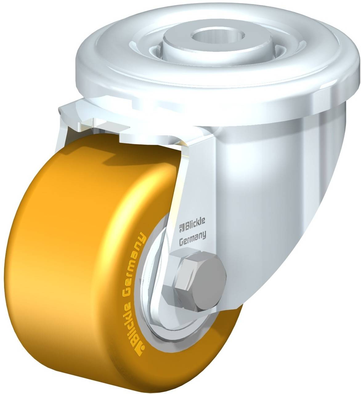 Ein gelbes Lenkrollenrad mit Gehäuse, hergestellt von einem deutschen Unternehmen. Geeignet für den Einsatz in industriellen Anwendungen.