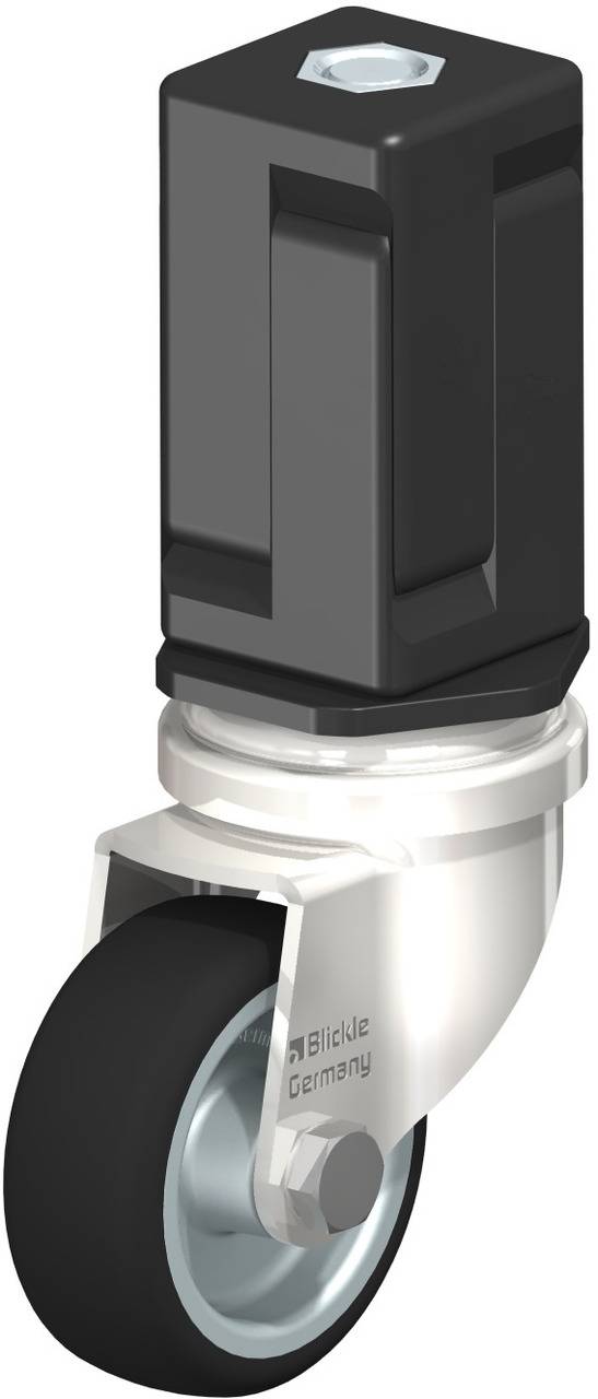 Ein schwarzes Lenkrollenrad mit grauem Kunststoffgehäuse und silberner Metallhalterung, ideal für industrielle Anwendungen.