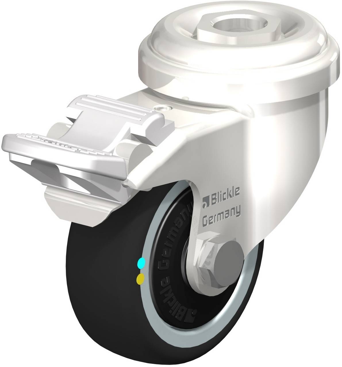 Drehbares Rad mit schwarzem Reifen und silbernem Halter. Markenname 'Blickle' auf der Seite.