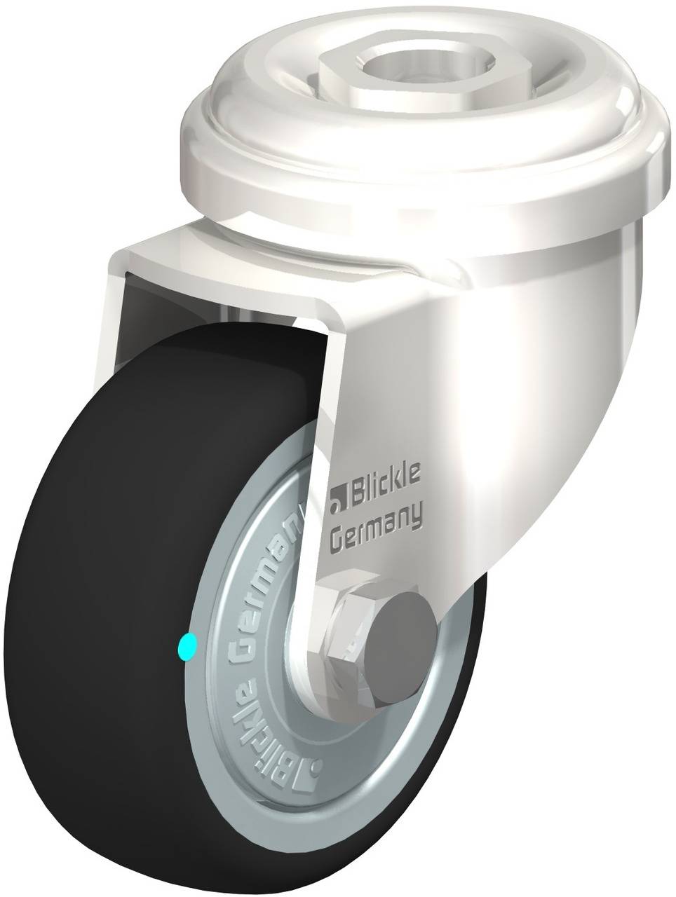 Lenkrolle mit schwarzem Gummirad und Metallgehäuse, für bewegliche Objekte zur besseren Mobilität.