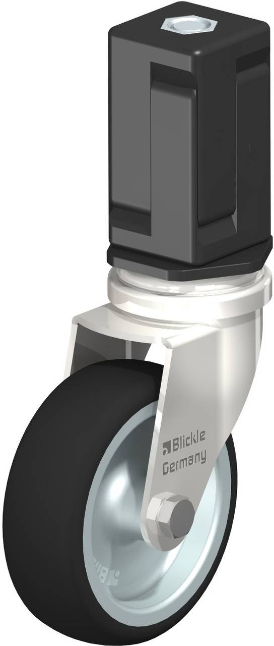 Blickle-Lenkrolle aus Metall mit Gummi-Lauffläche und rechteckigem Befestigungsteil. Geeignet für schwere Lasten und leichten Transport.