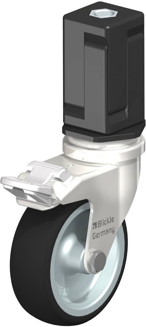 Abgebildet ist eine schwarze Transportrolle mit silbernem Gehäuse und einem Drehgelenk, auf dem 'Blickle Germany' steht.