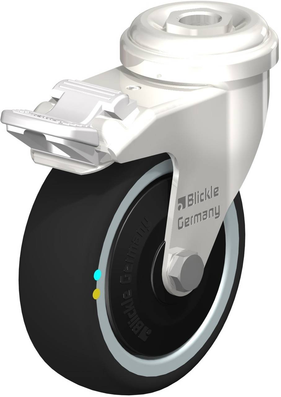 Industrie-Lenkrolle mit schwarzem Rad, silberner Halterung und Aufschrift 'Blickle Germany' auf der Radseite.